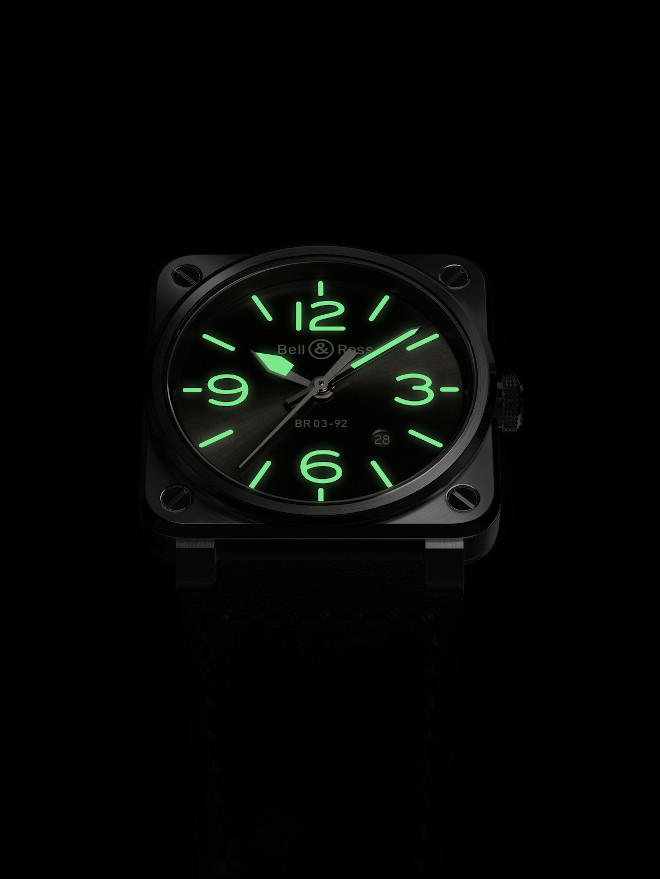 The Bell and Ross BR03‐92 GREY LUM lights up