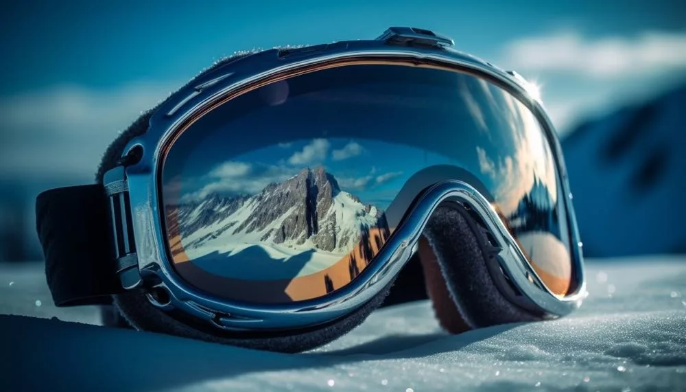 Futuristic Ski Goggles Reflecting AI-Generated Mountains